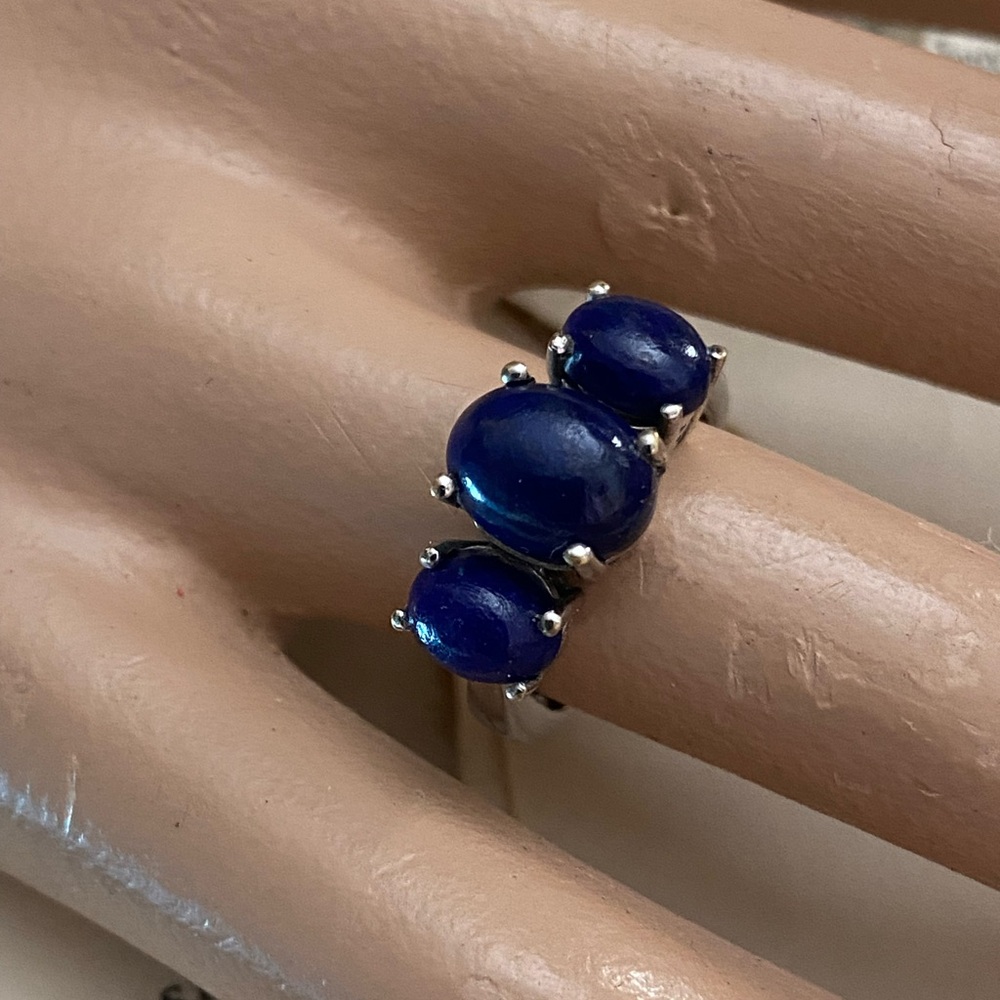 Karis Lapis three stone Blue Stone Silver Ring size 4.75